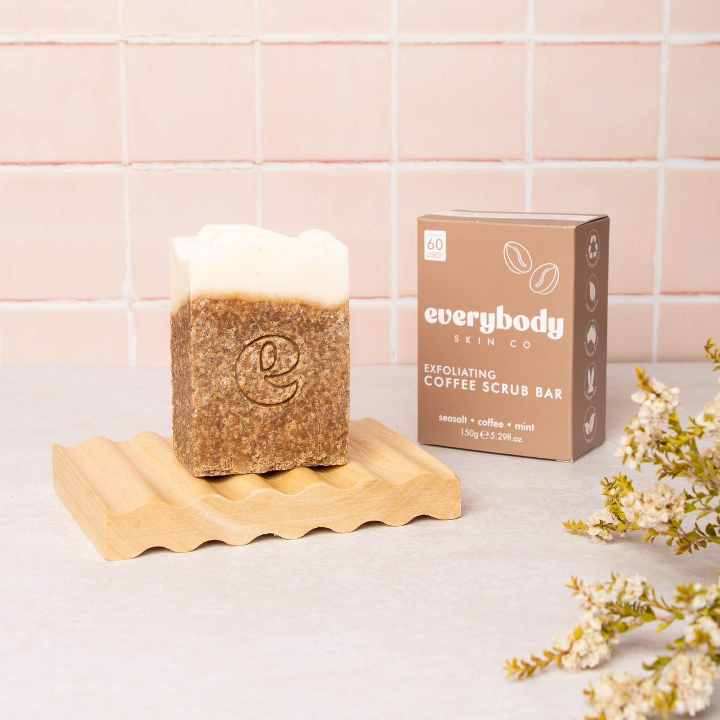 Exfoliating Coffee Scrub Bar & Wave Beechwood Soap Dish Bundle